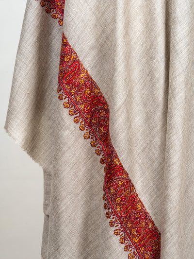 2.5 Yards Sozni Hand Embroidered Shawl in Silver Taupe Harmony