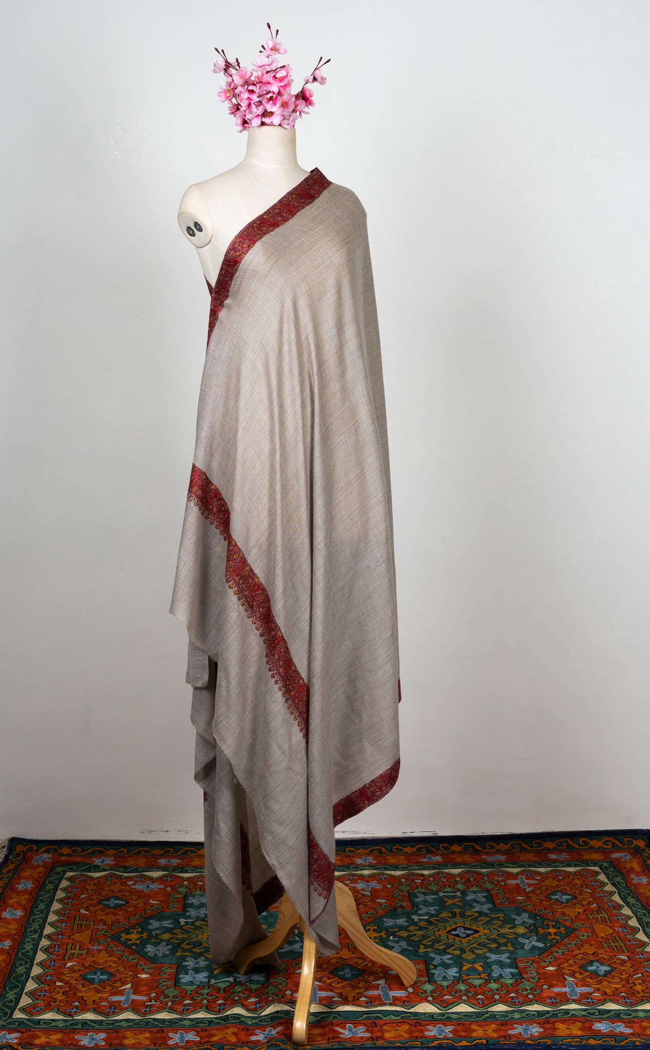 2.5 Yards Sozni Hand Embroidered Shawl in Silver Taupe Harmony