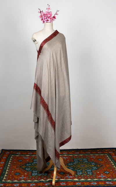 2.5 Yards Sozni Hand Embroidered Shawl in Silver Taupe Harmony