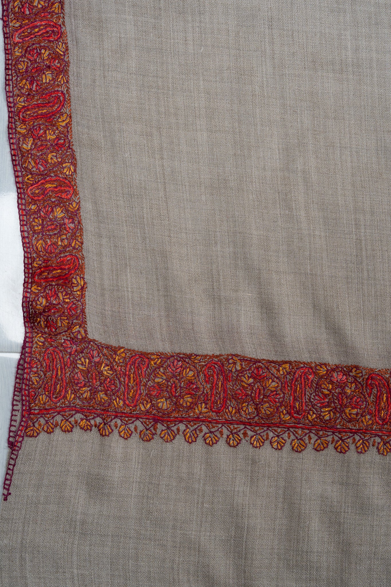 2.5 Yards Sozni Hand Embroidered Shawl in Silver Taupe Harmony