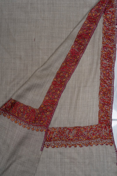 2.5 Yards Sozni Hand Embroidered Shawl in Silver Taupe Harmony
