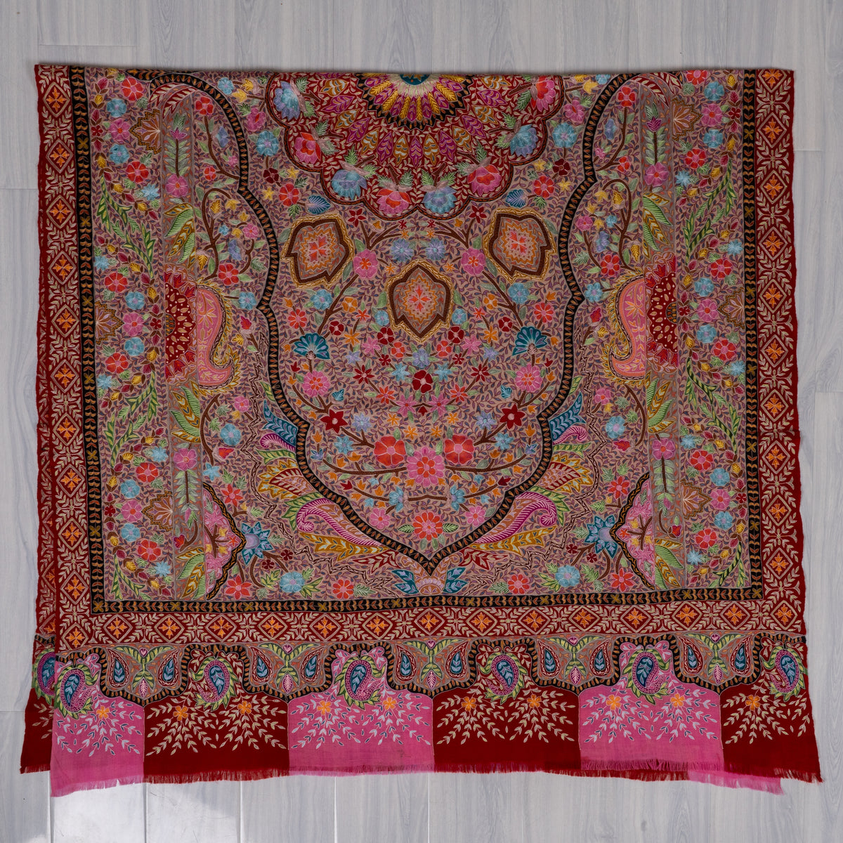 Pure Pashmina Kalamkari Sozni Hand Embroidered 2.5 Yards Shawl