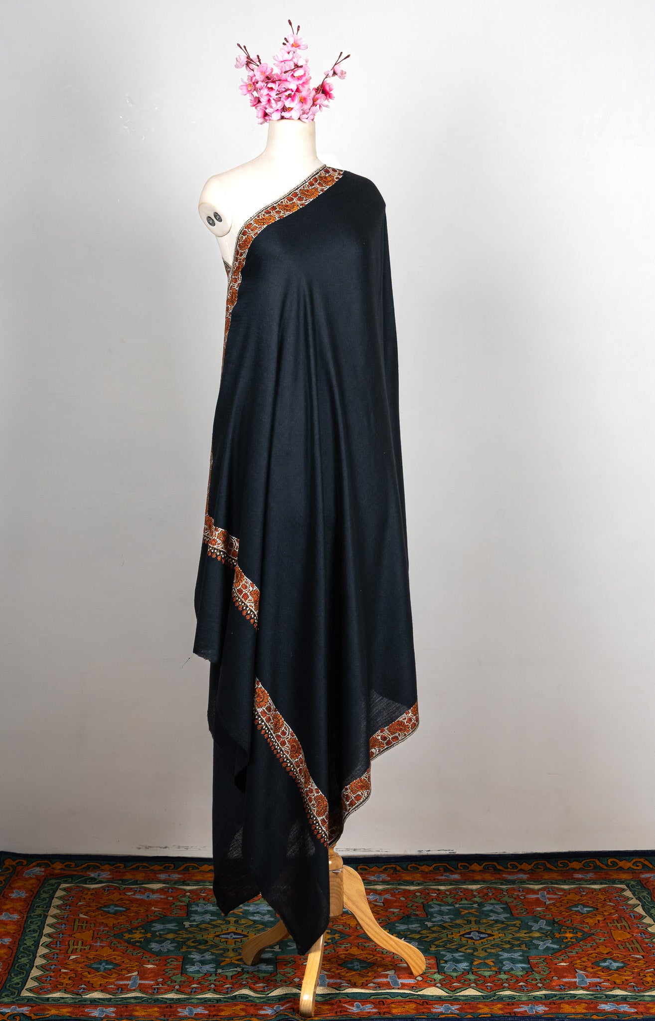 2.5 Yards Sozni Hand Embroidered Shawl in Classic Midnight Black