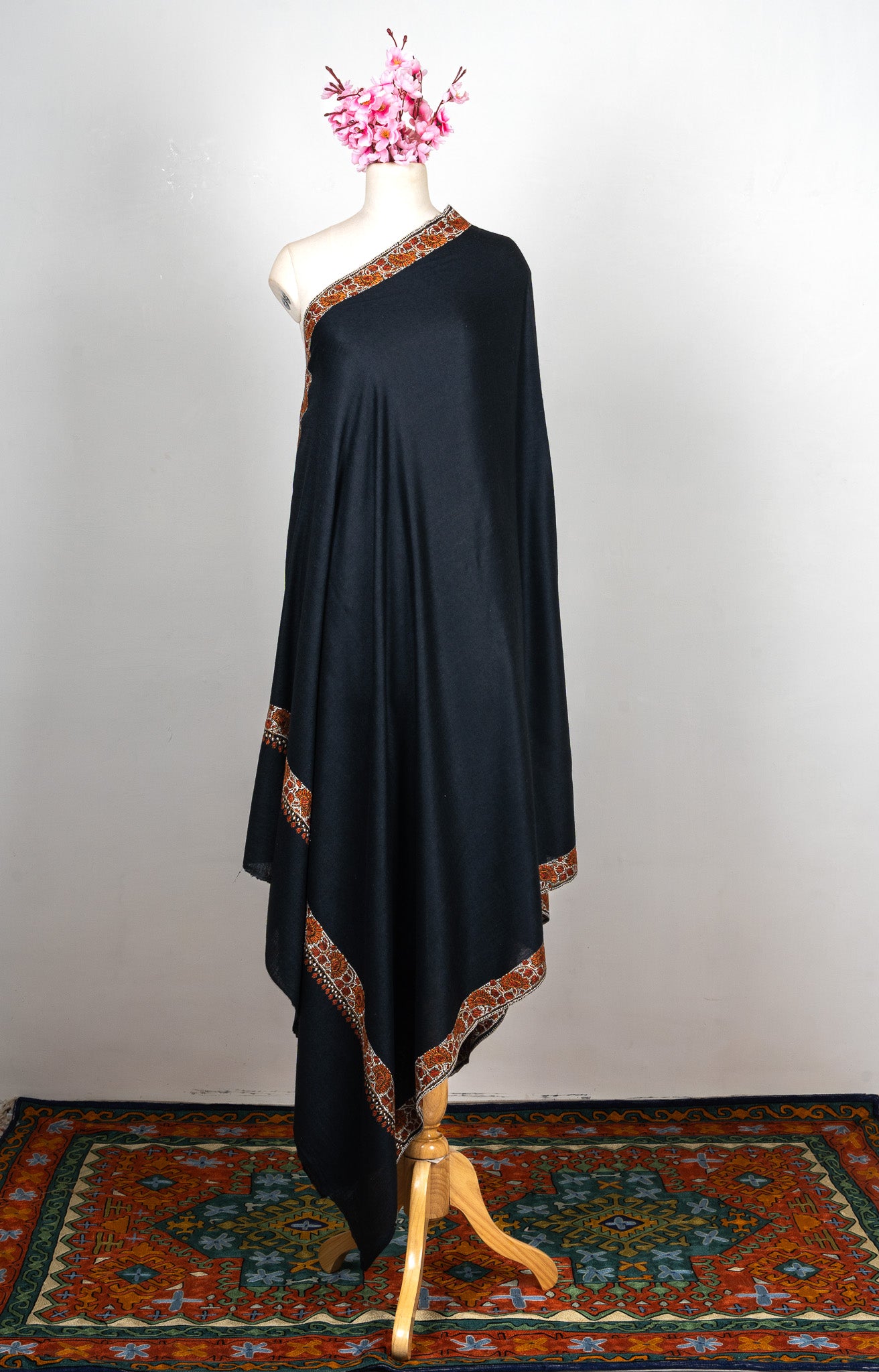 2.5 Yards Sozni Hand Embroidered Shawl in Classic Midnight Black