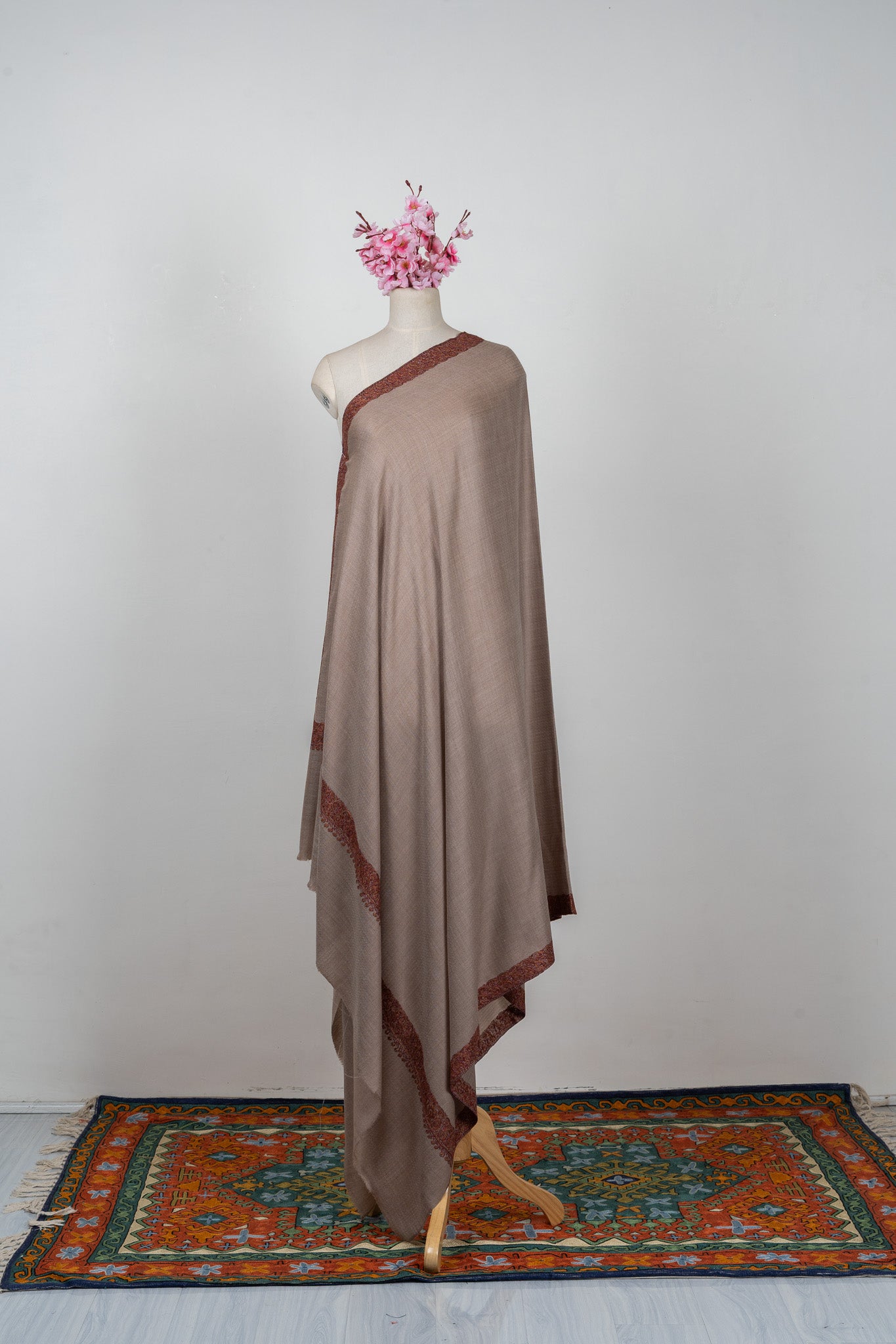2.5 Yards Sozni Hand Embroidered Shawl in Warm Mocha Beige