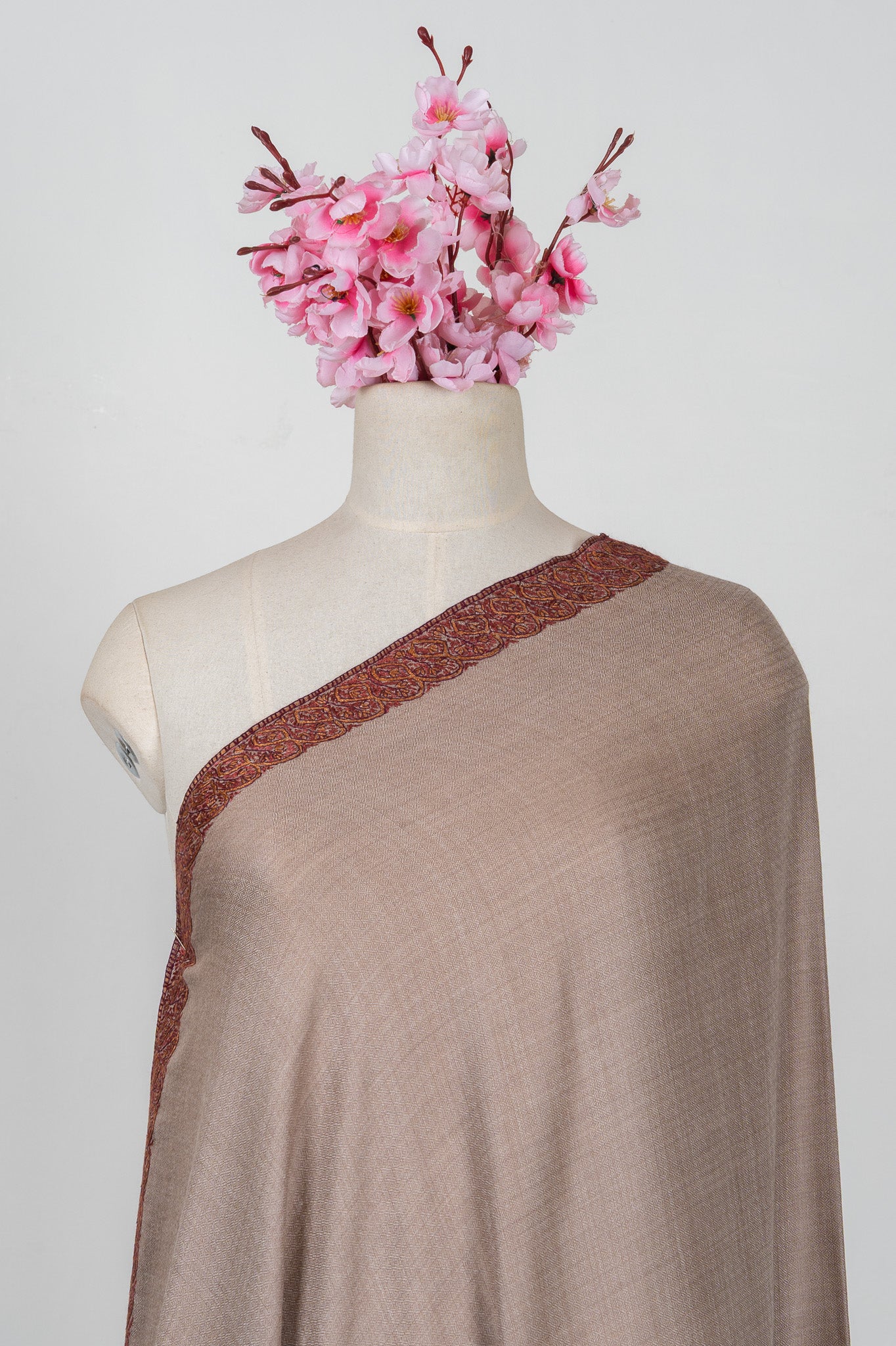 2.5 Yards Sozni Hand Embroidered Shawl in Warm Mocha Beige