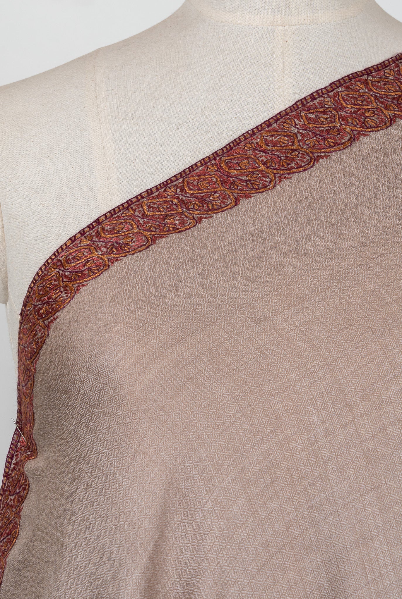 2.5 Yards Sozni Hand Embroidered Shawl in Warm Mocha Beige