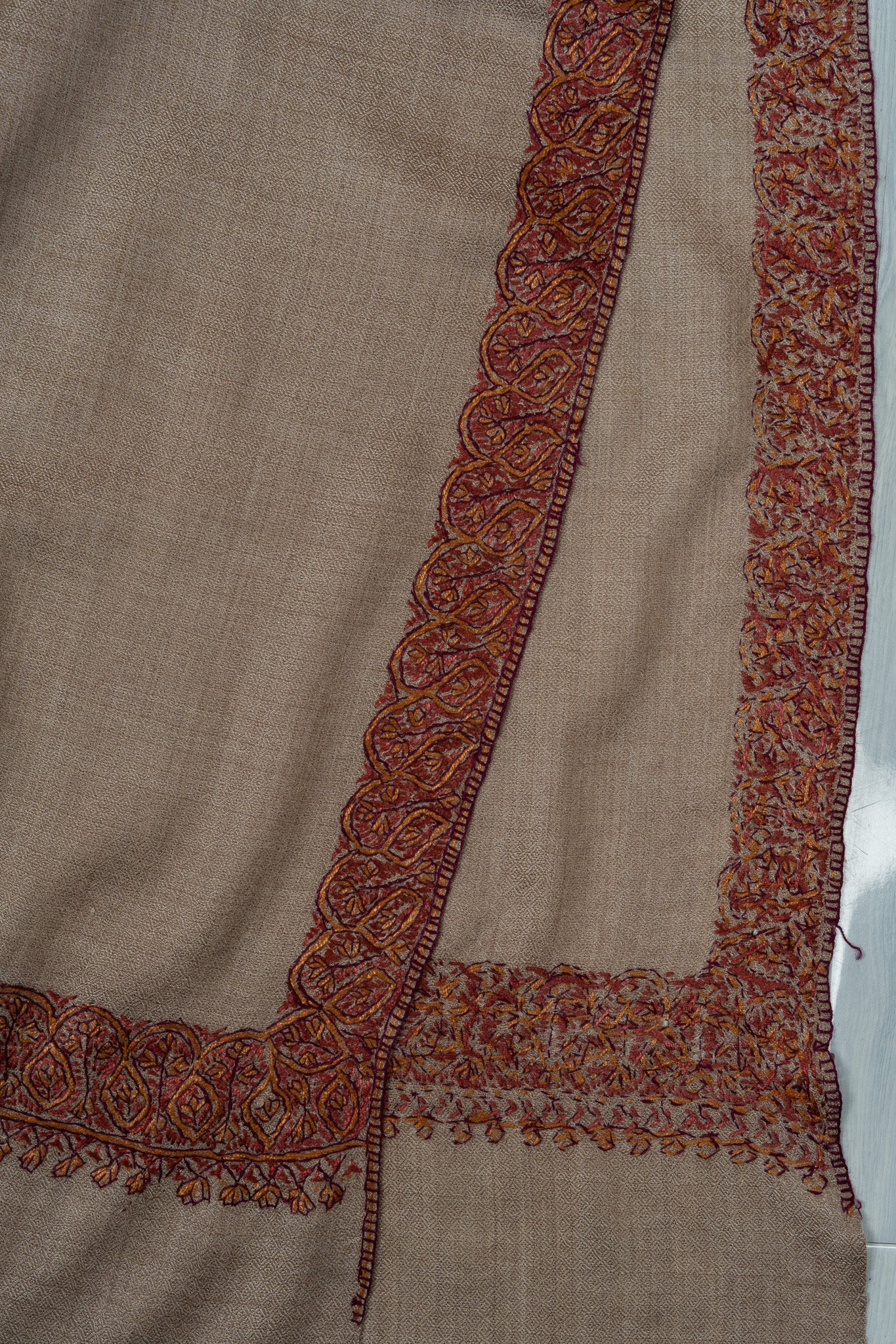 2.5 Yards Sozni Hand Embroidered Shawl in Warm Mocha Beige