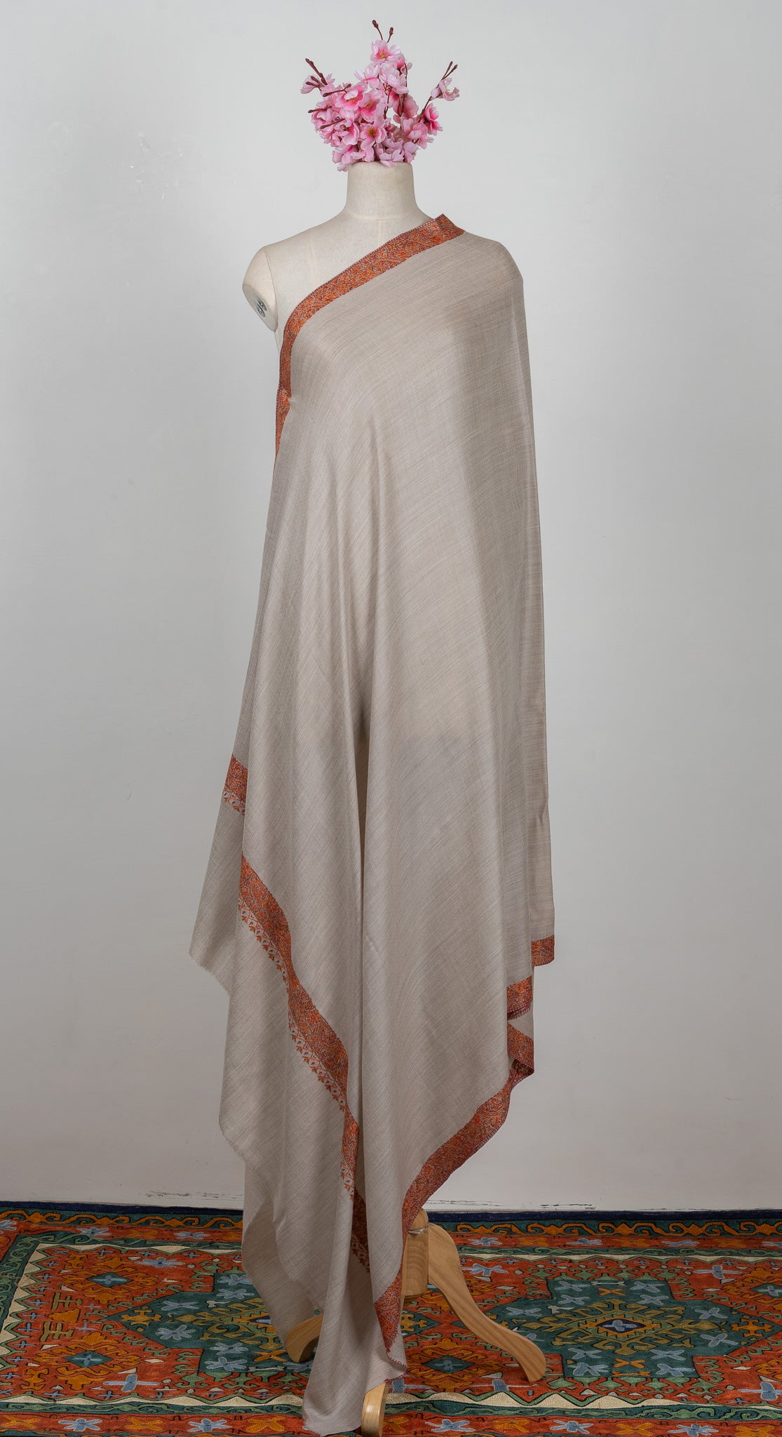 2.5 Yards Sozni Hand Embroidered Shawl in Soft Sandstone Beige