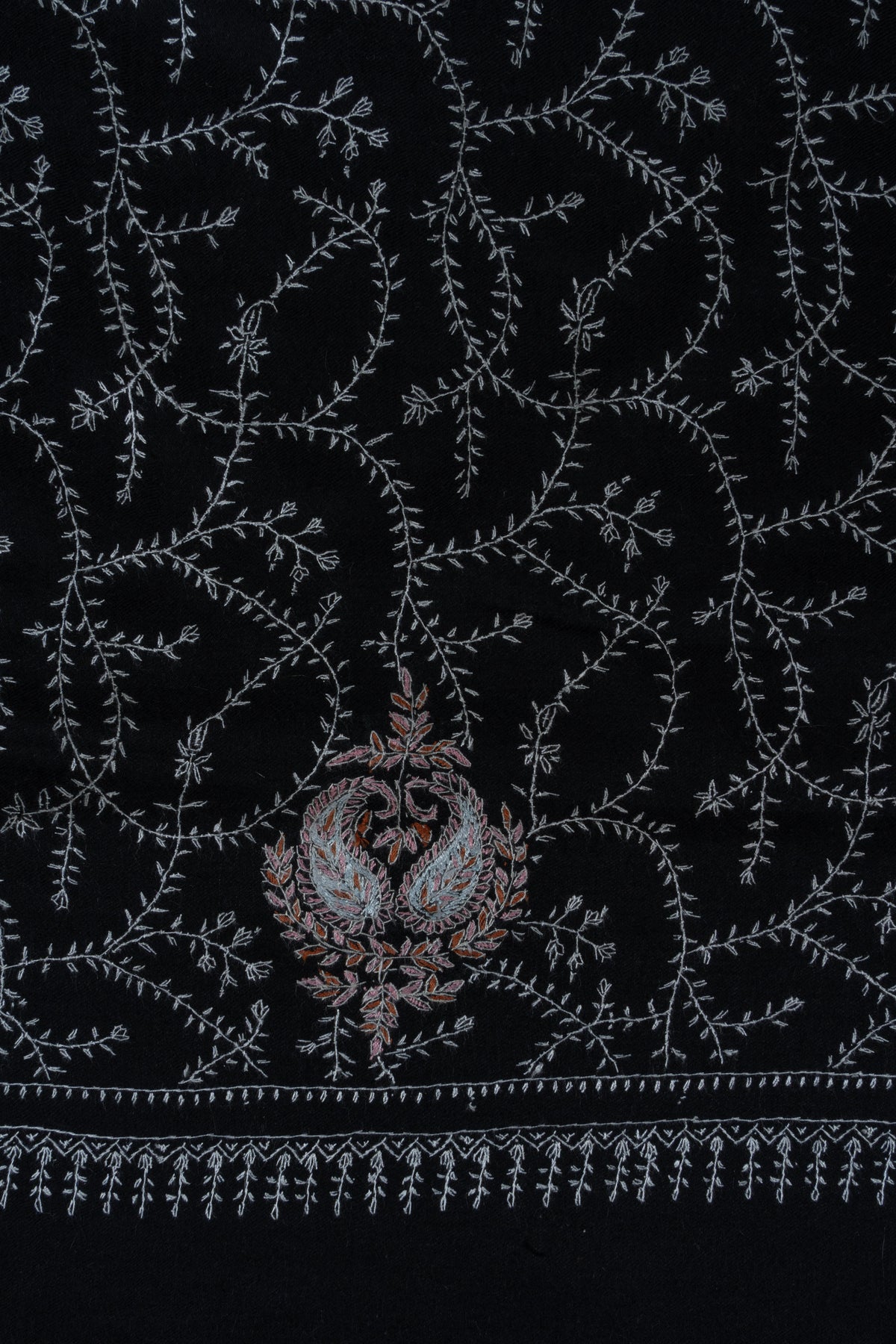 Pure Pashmina Sozni Hand Embroidered 2.5 Yards Shawl: Midnight Vine Elegance