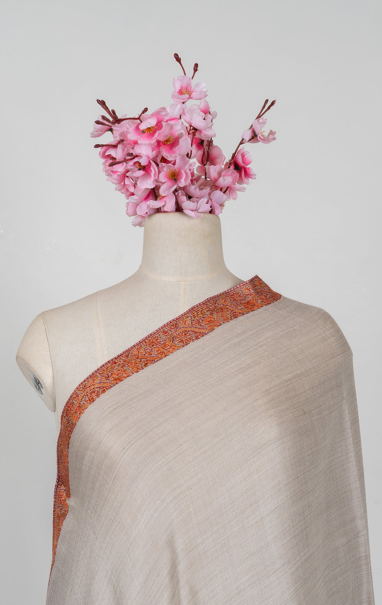 2.5 Yards Sozni Hand Embroidered Shawl in Soft Sandstone Beige