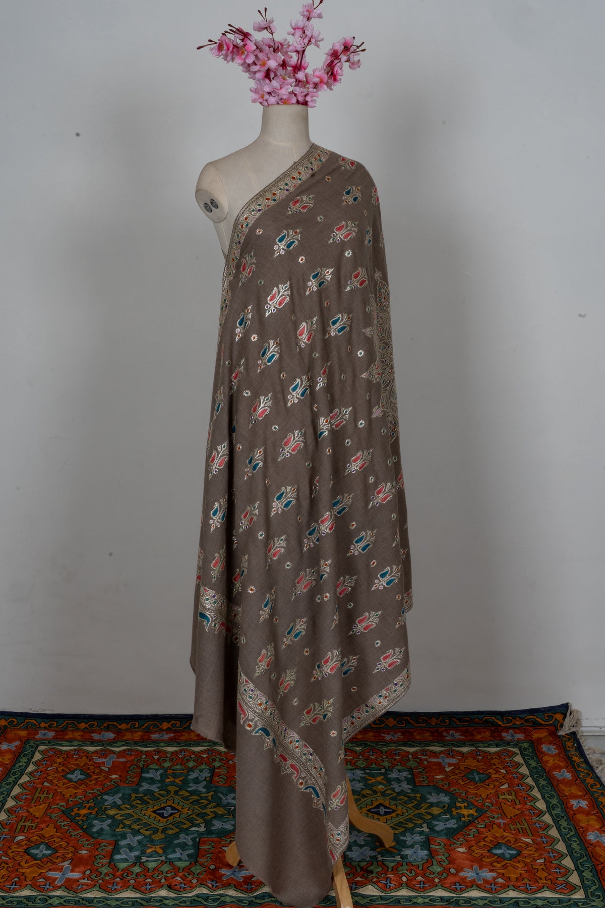 Pure Pashmina Hand Tilla plus Sozni Hand Embroidered 2.5 Yards Shawl: Earthy Blossom Serenity