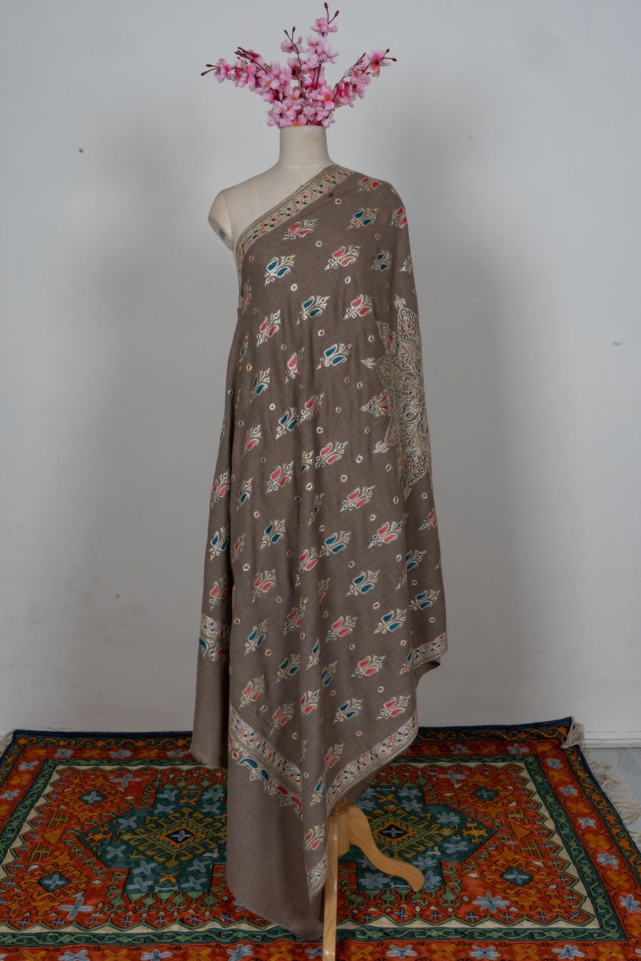 Pure Pashmina Hand Tilla plus Sozni Hand Embroidered 2.5 Yards Shawl: Earthy Blossom Serenity