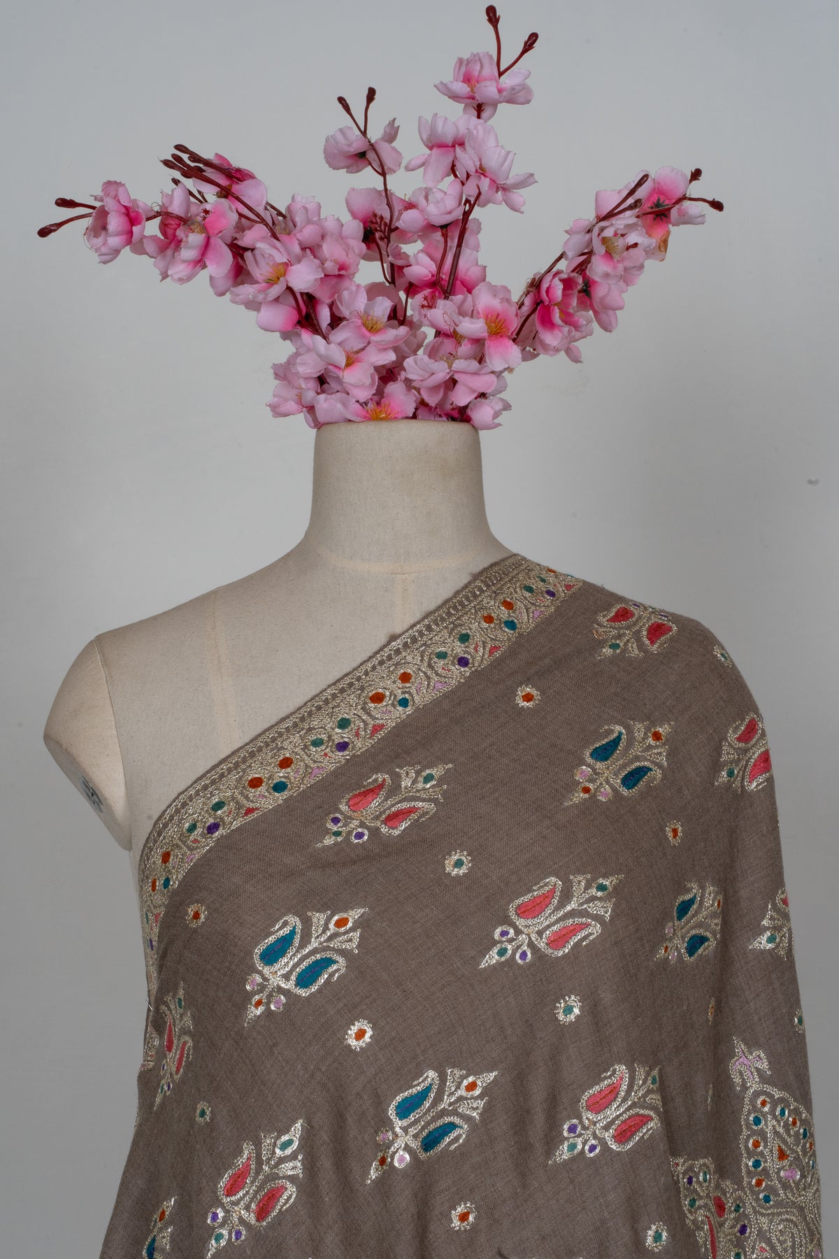 Pure Pashmina Hand Tilla plus Sozni Hand Embroidered 2.5 Yards Shawl: Earthy Blossom Serenity