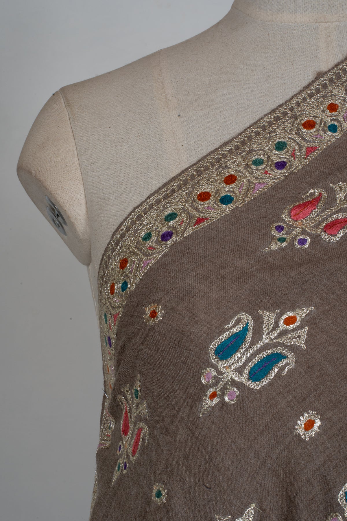 Pure Pashmina Hand Tilla plus Sozni Hand Embroidered 2.5 Yards Shawl: Earthy Blossom Serenity