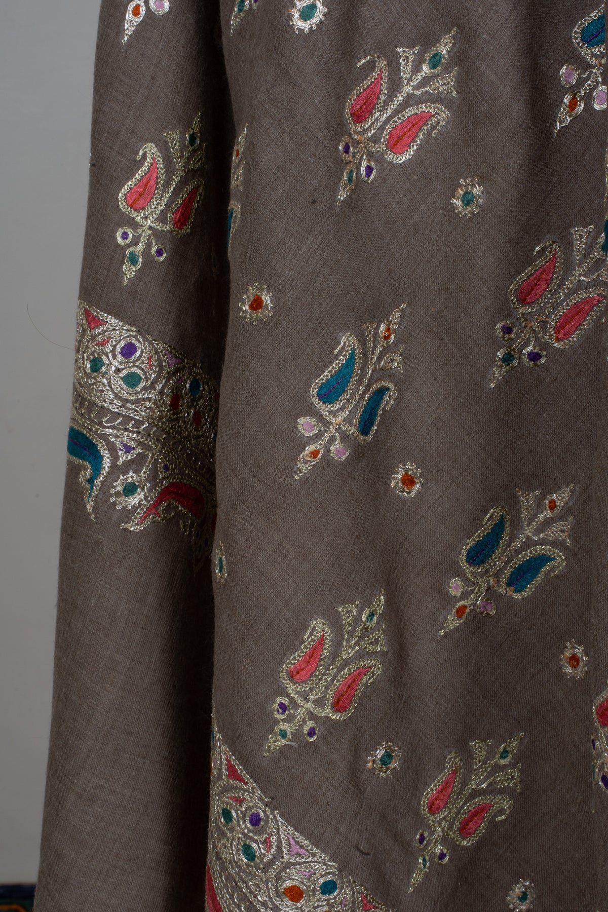 Pure Pashmina Hand Tilla plus Sozni Hand Embroidered 2.5 Yards Shawl: Earthy Blossom Serenity