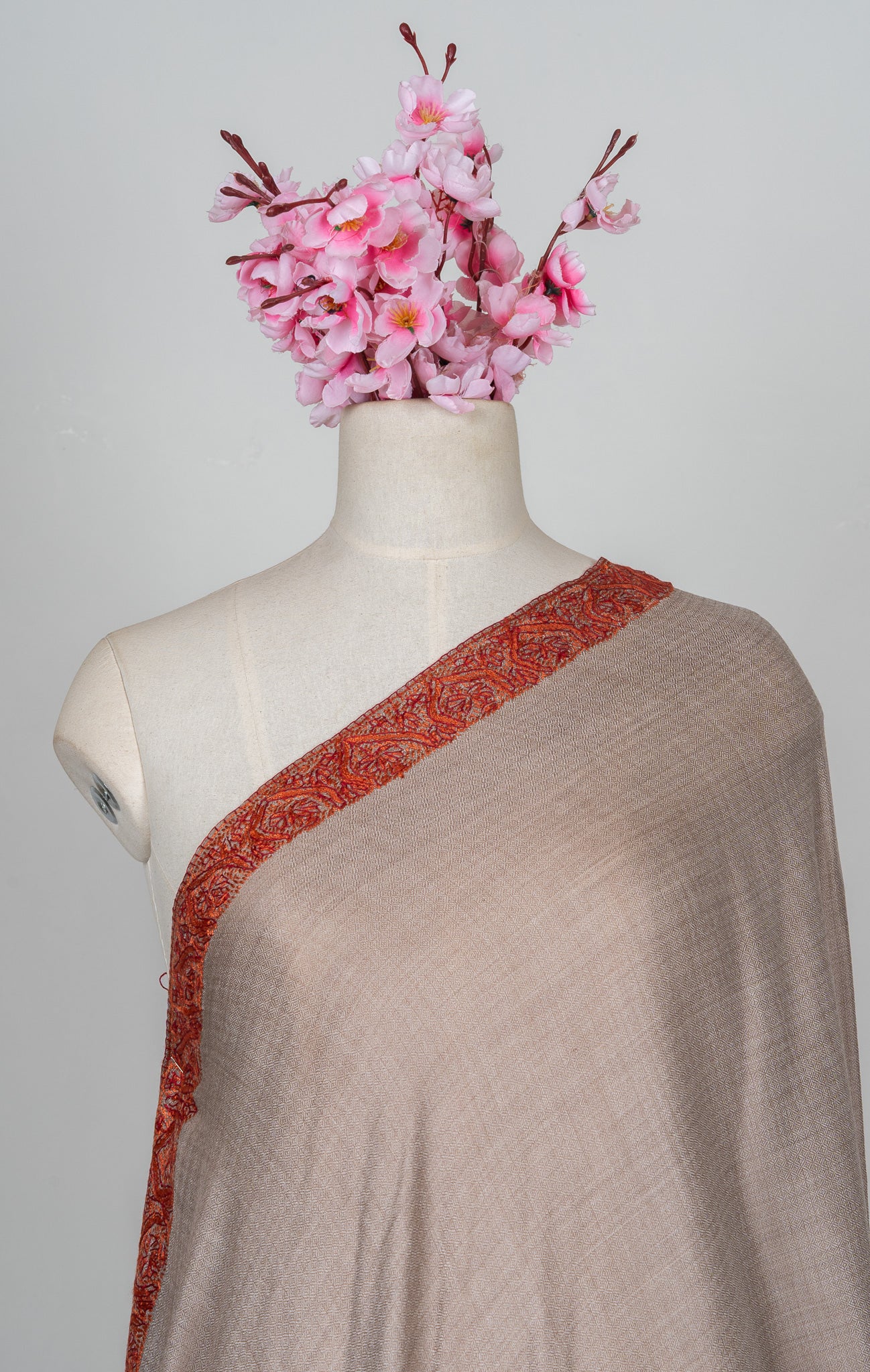 2.5 Yards Sozni Hand Embroidered Shawl in Soft Mink Beige