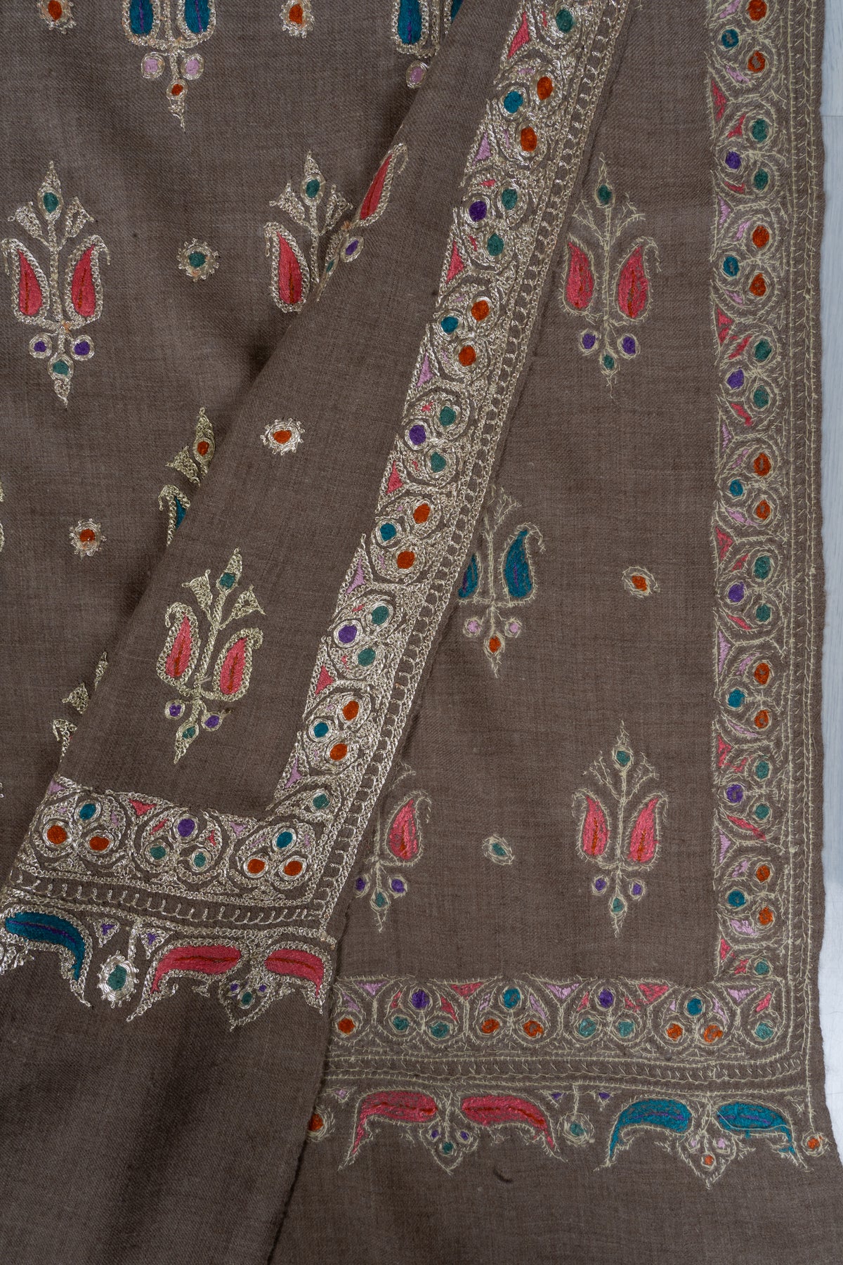 Pure Pashmina Hand Tilla plus Sozni Hand Embroidered 2.5 Yards Shawl: Earthy Blossom Serenity