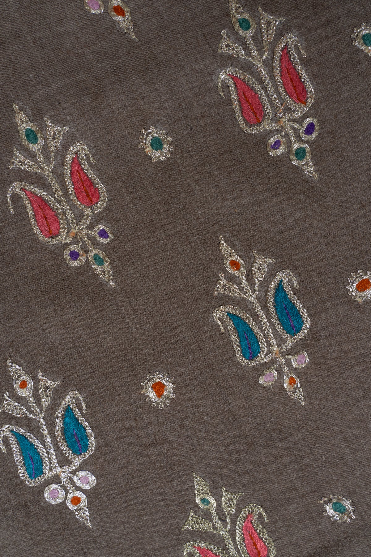 Pure Pashmina Hand Tilla plus Sozni Hand Embroidered 2.5 Yards Shawl: Earthy Blossom Serenity