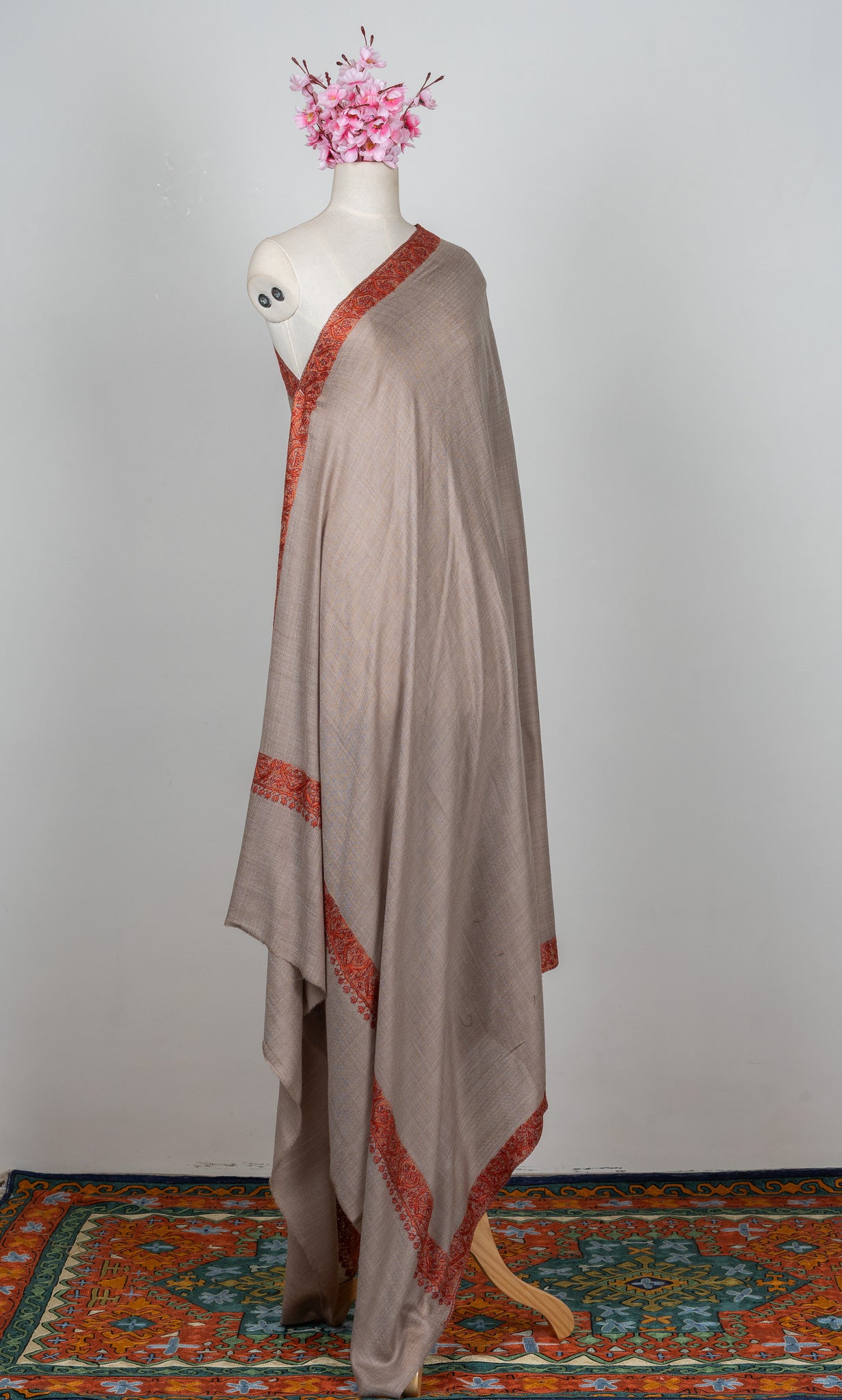 2.5 Yards Sozni Hand Embroidered Shawl in Soft Mink Beige