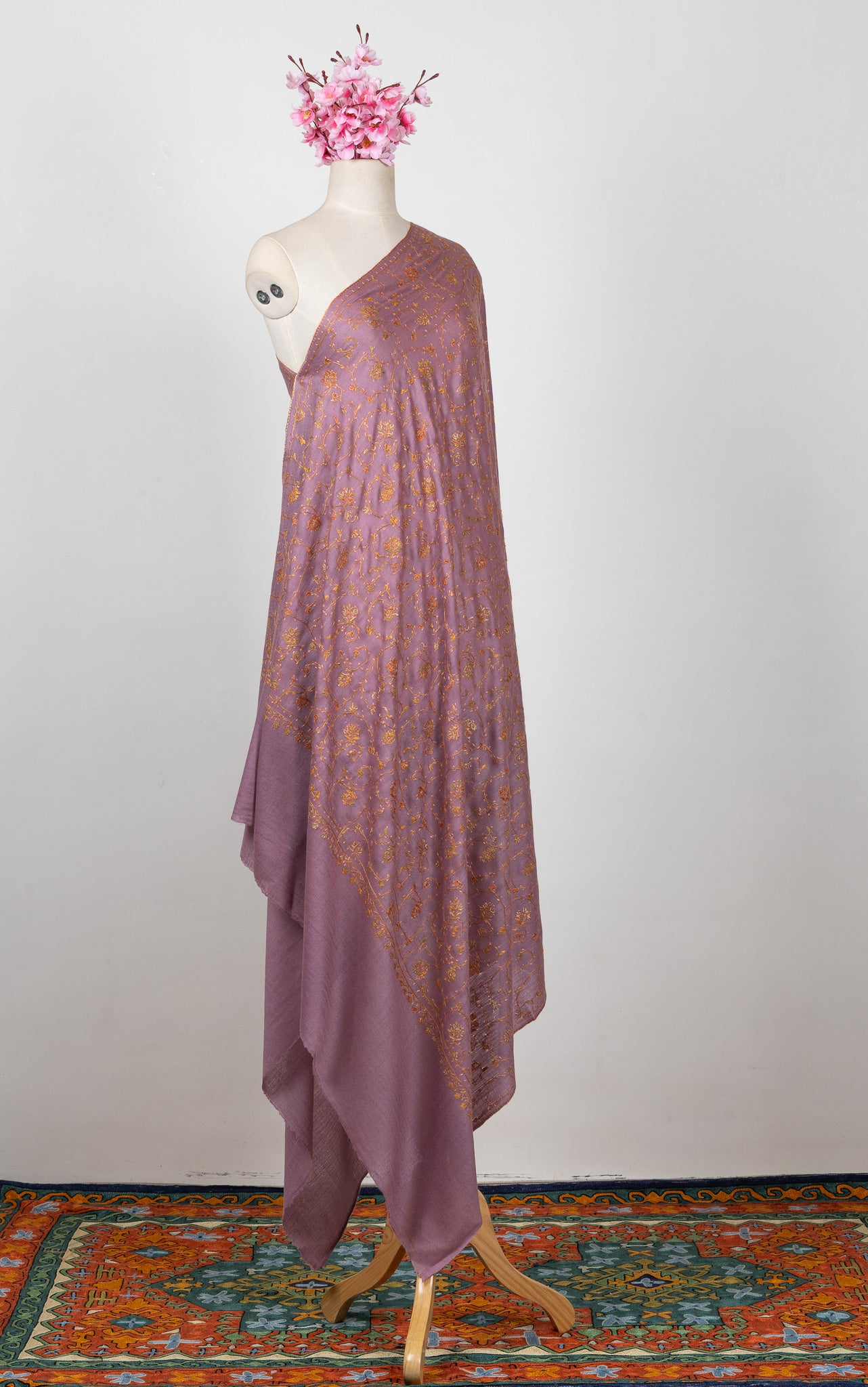 2.5 Yards Sozni Hand Embroidered Shawl in Dusty Mauve Gold Bloom