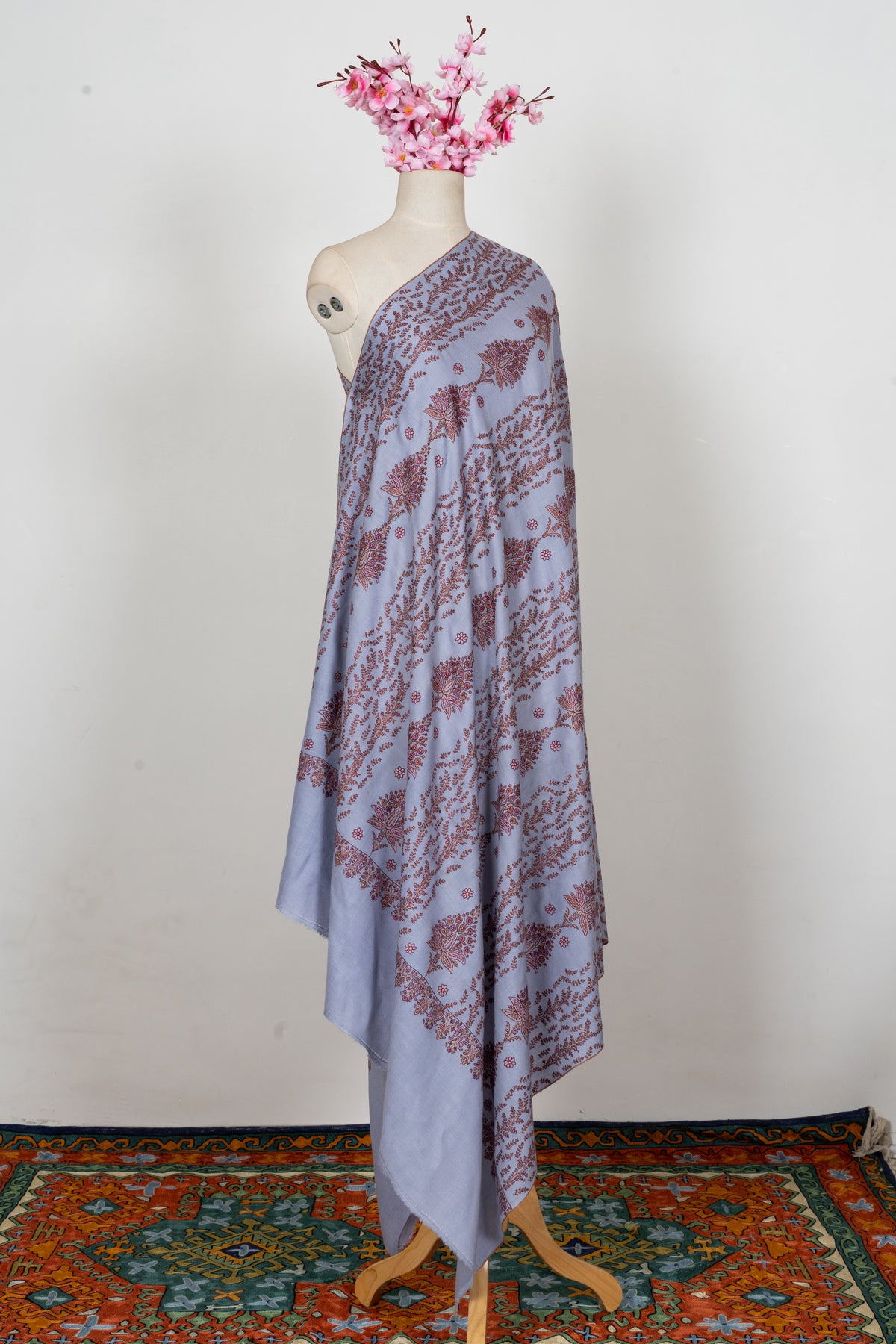 Pure Pashmina Sozni Hand Embroidered 2.5 Yards Shawl: Frosted Blossom Harmony