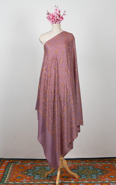2.5 Yards Sozni Hand Embroidered Shawl in Dusty Mauve Gold Bloom