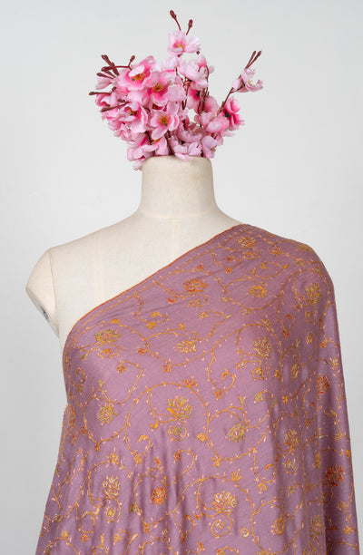 2.5 Yards Sozni Hand Embroidered Shawl in Dusty Mauve Gold Bloom