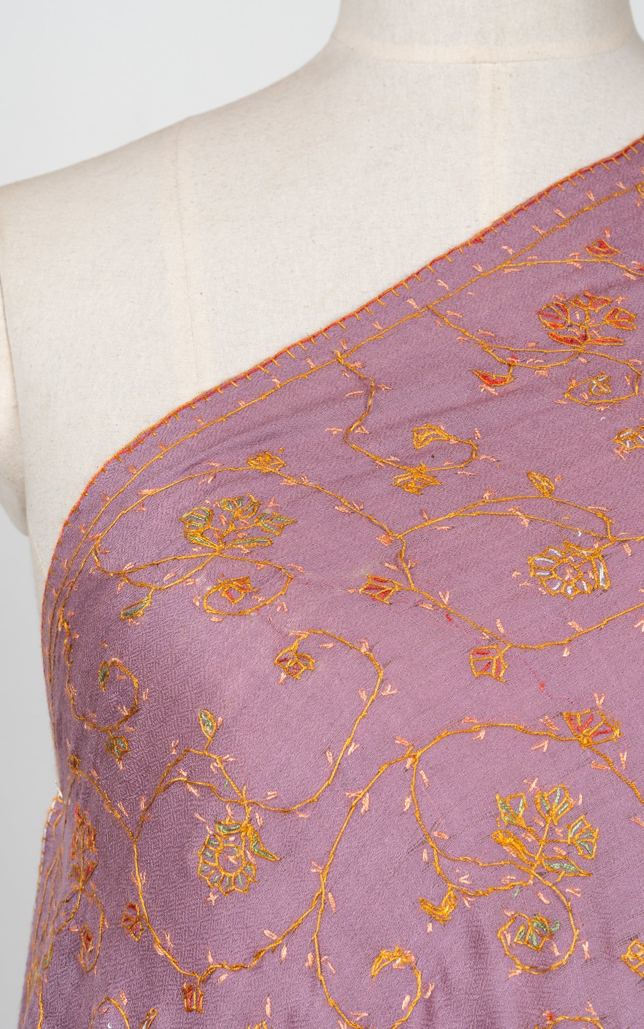 2.5 Yards Sozni Hand Embroidered Shawl in Dusty Mauve Gold Bloom