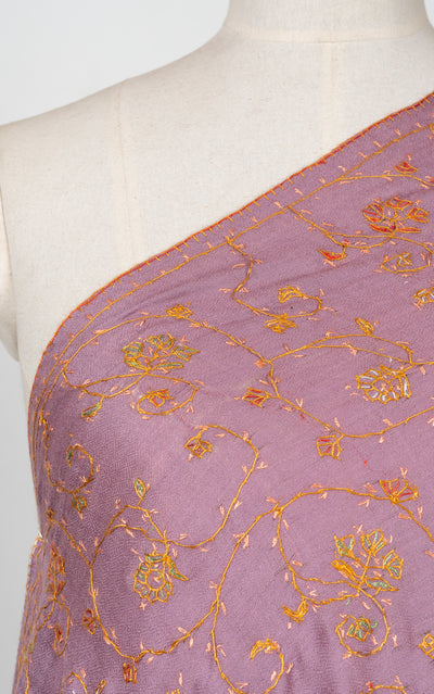 2.5 Yards Sozni Hand Embroidered Shawl in Dusty Mauve Gold Bloom
