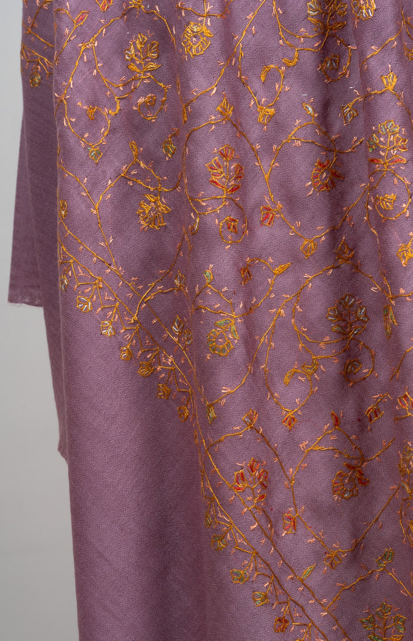2.5 Yards Sozni Hand Embroidered Shawl in Dusty Mauve Gold Bloom