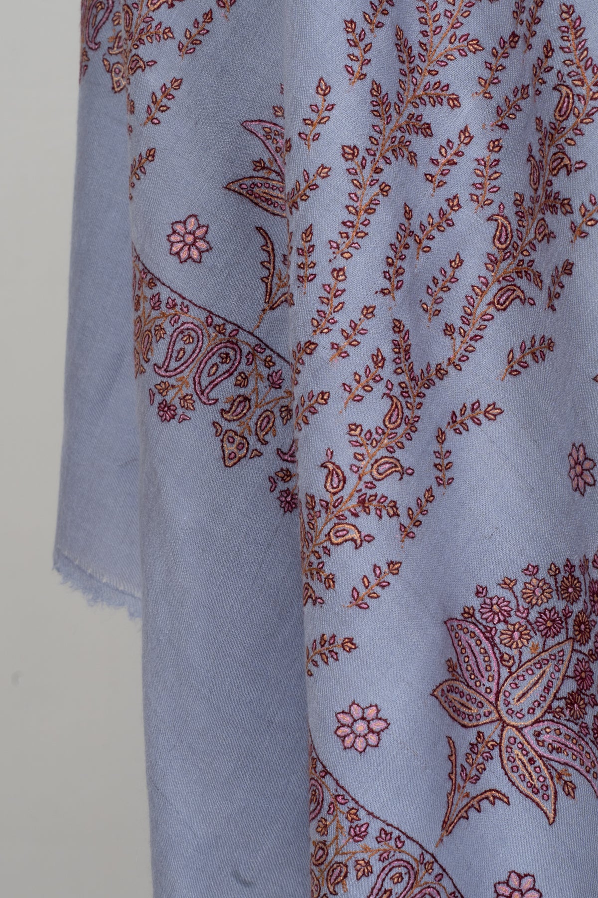 Pure Pashmina Sozni Hand Embroidered 2.5 Yards Shawl: Frosted Blossom Harmony