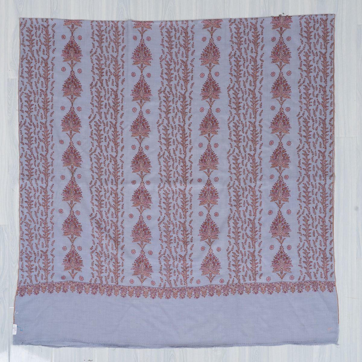 Pure Pashmina Sozni Hand Embroidered 2.5 Yards Shawl: Frosted Blossom Harmony