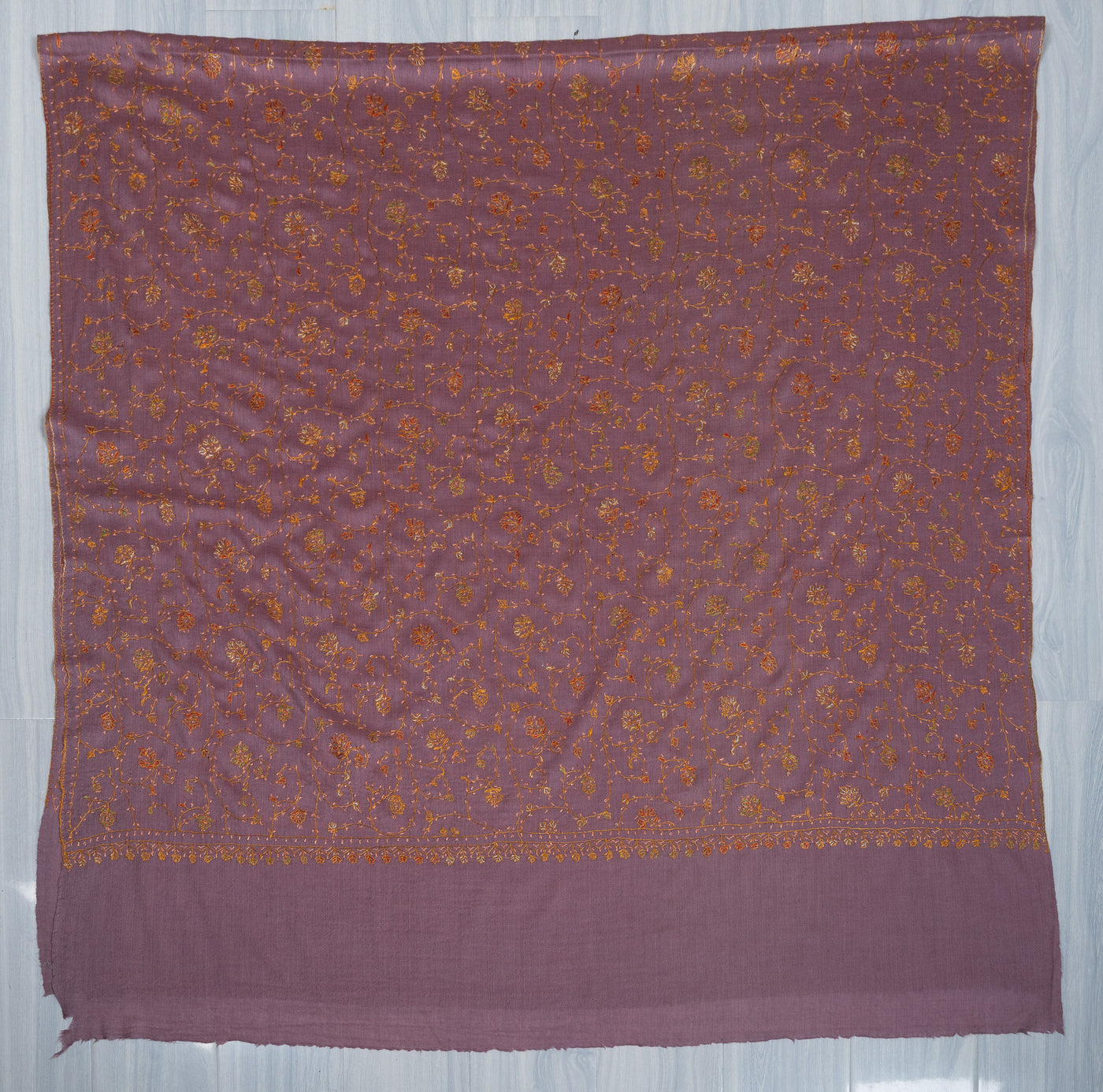 2.5 Yards Sozni Hand Embroidered Shawl in Dusty Mauve Gold Bloom