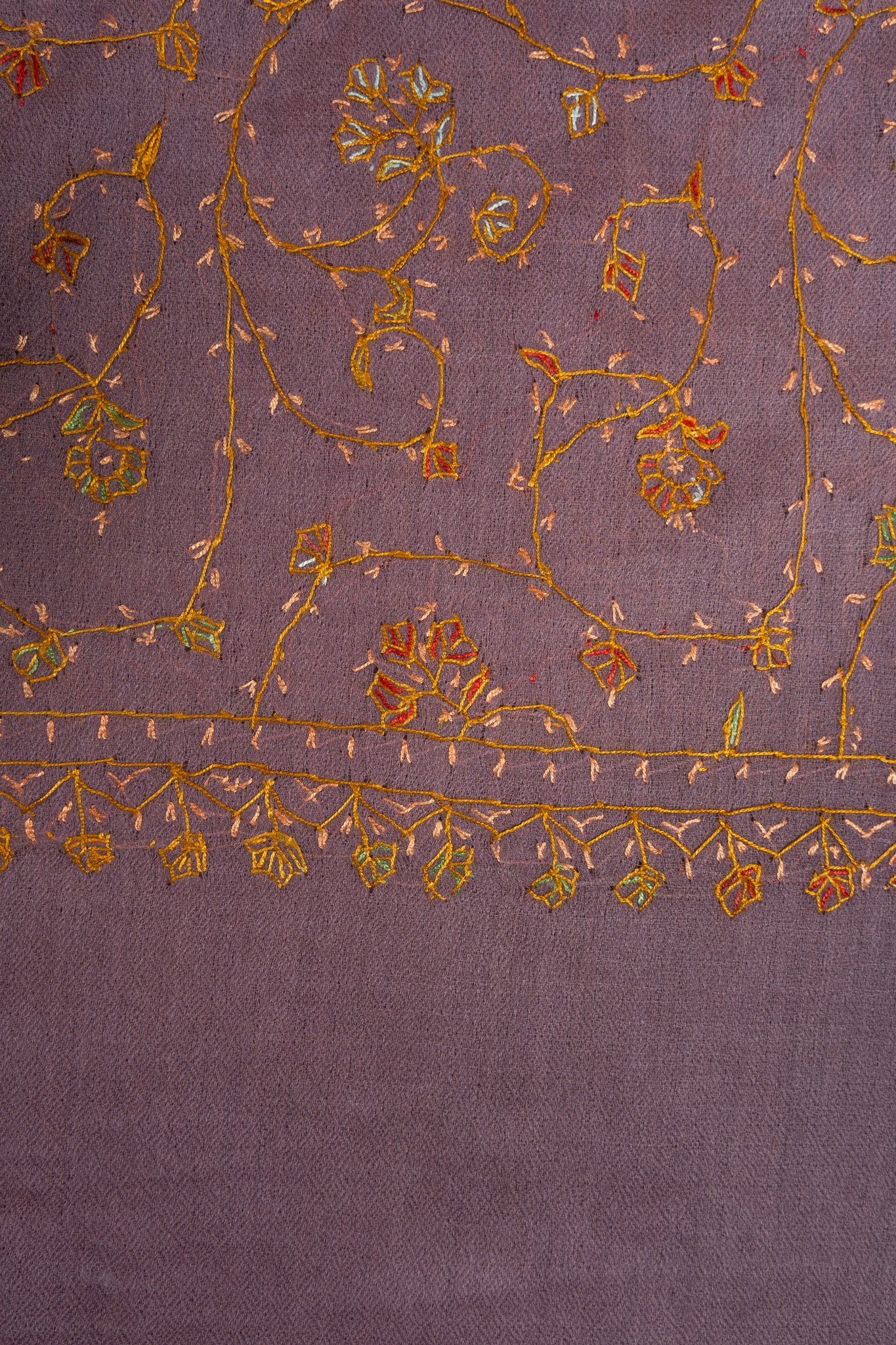 2.5 Yards Sozni Hand Embroidered Shawl in Dusty Mauve Gold Bloom