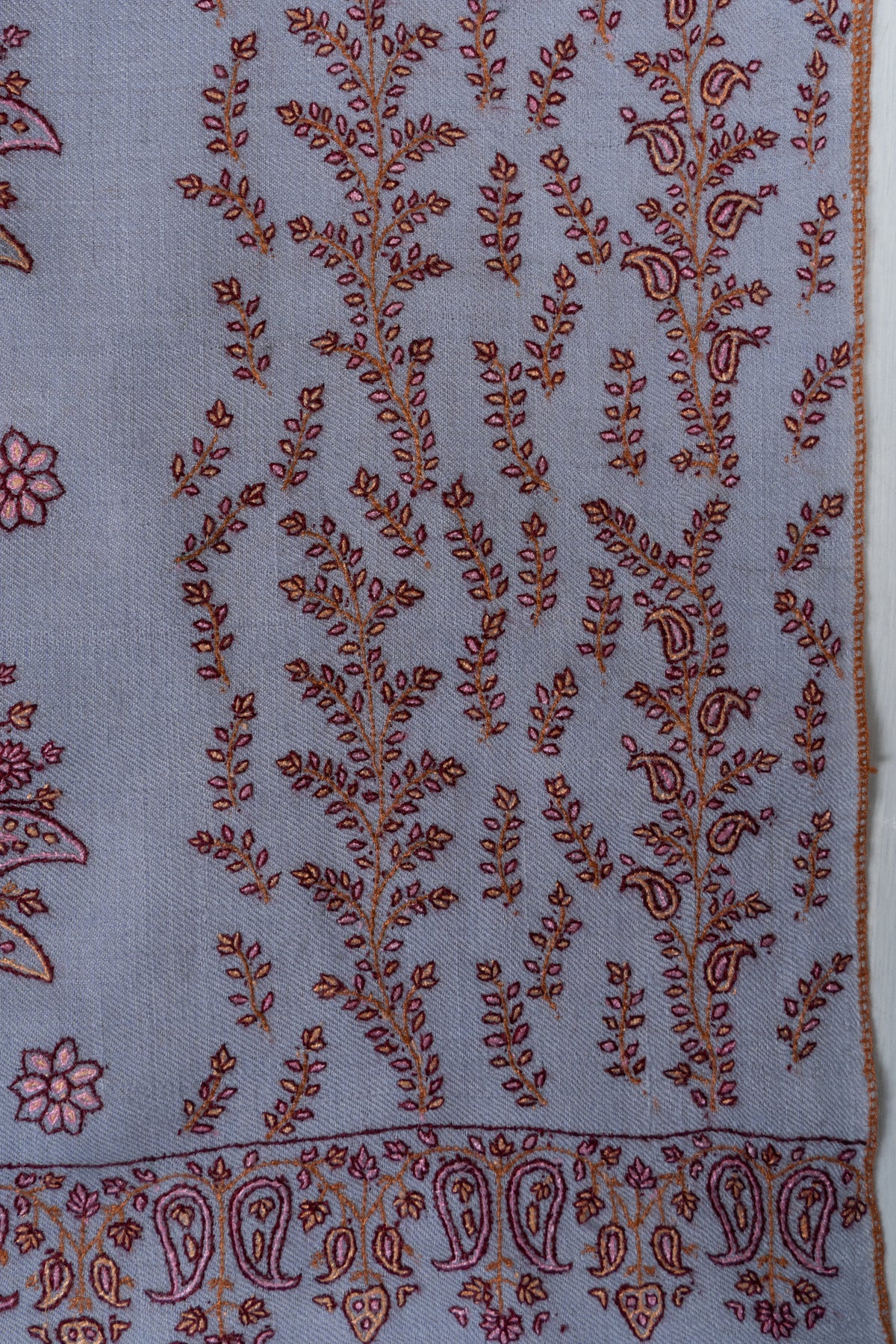 Pure Pashmina Sozni Hand Embroidered 2.5 Yards Shawl: Frosted Blossom Harmony