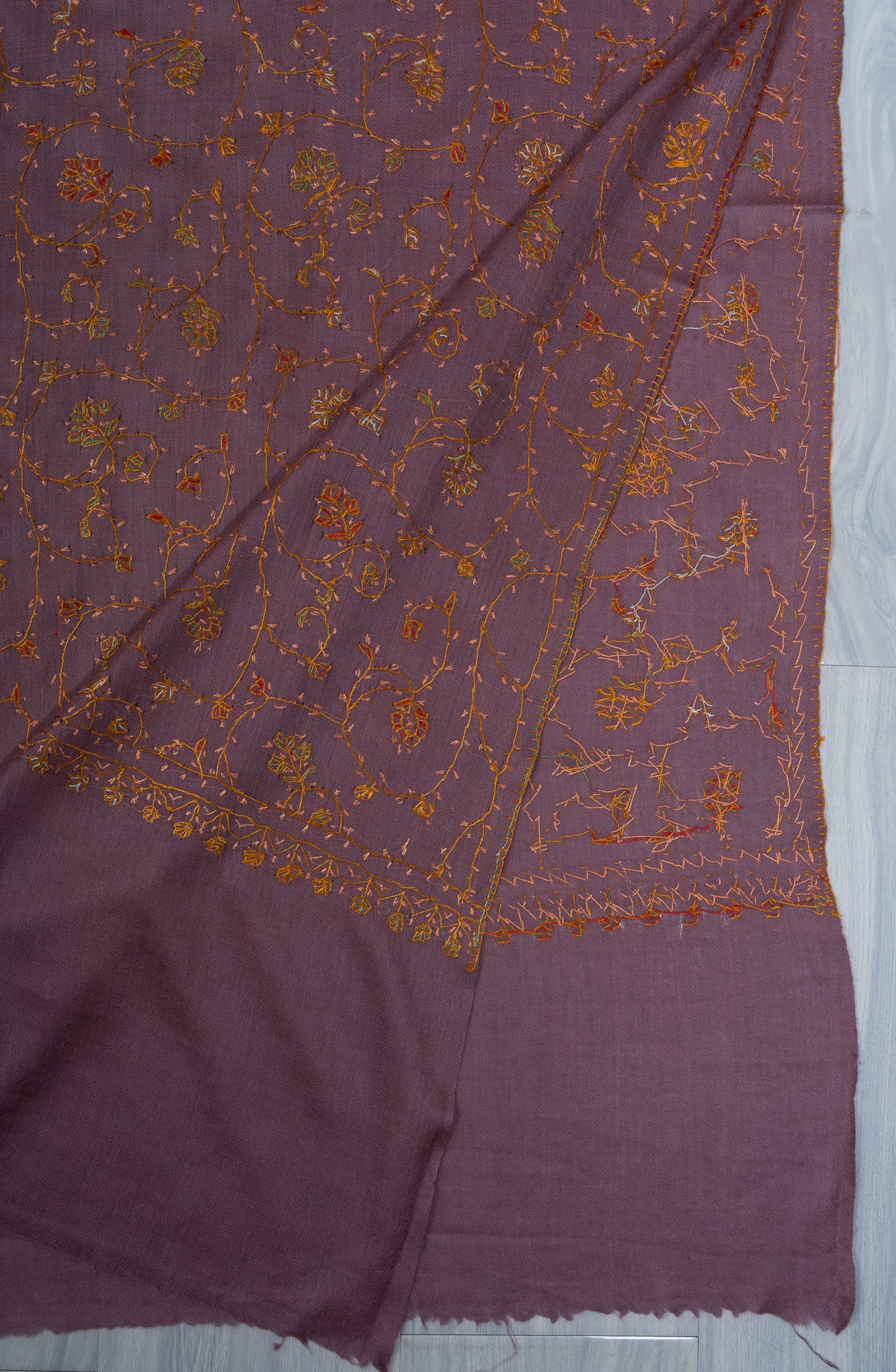 2.5 Yards Sozni Hand Embroidered Shawl in Dusty Mauve Gold Bloom