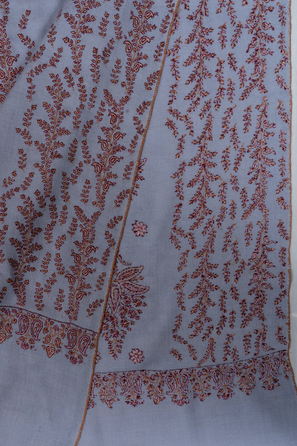 Pure Pashmina Sozni Hand Embroidered 2.5 Yards Shawl: Frosted Blossom Harmony