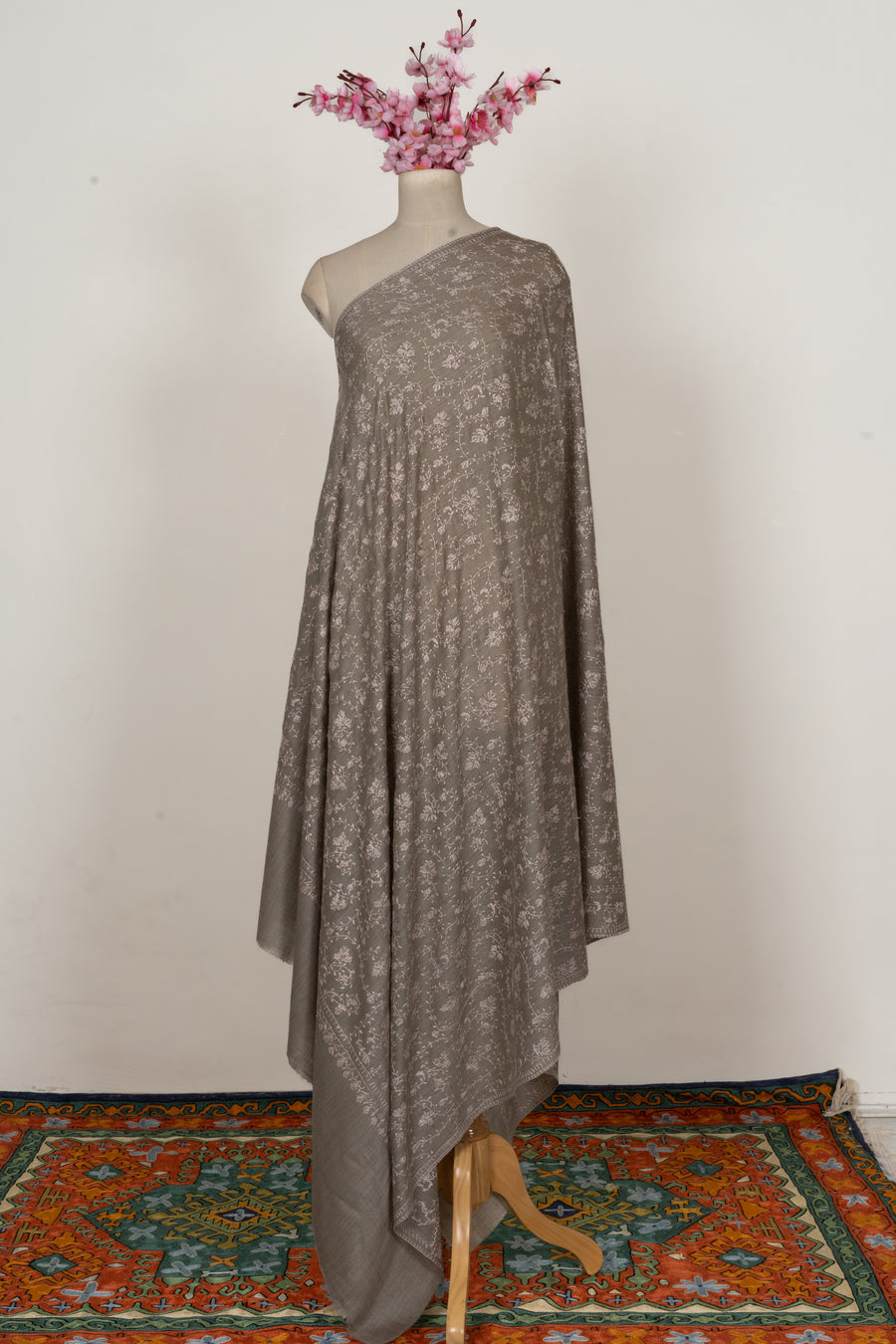 Misty Taupe Floral Veil: Fine Merino Wool Sozni Hand Embroidered 2.5 Yards Shawl