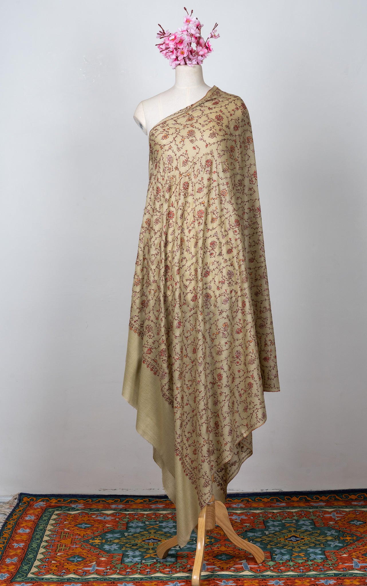 2.5 Yards Sozni Hand Embroidered Shawl in Antique Olive Floral