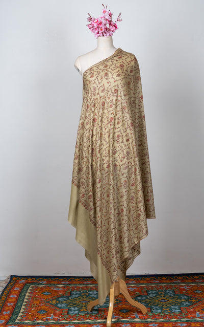 2.5 Yards Sozni Hand Embroidered Shawl in Antique Olive Floral