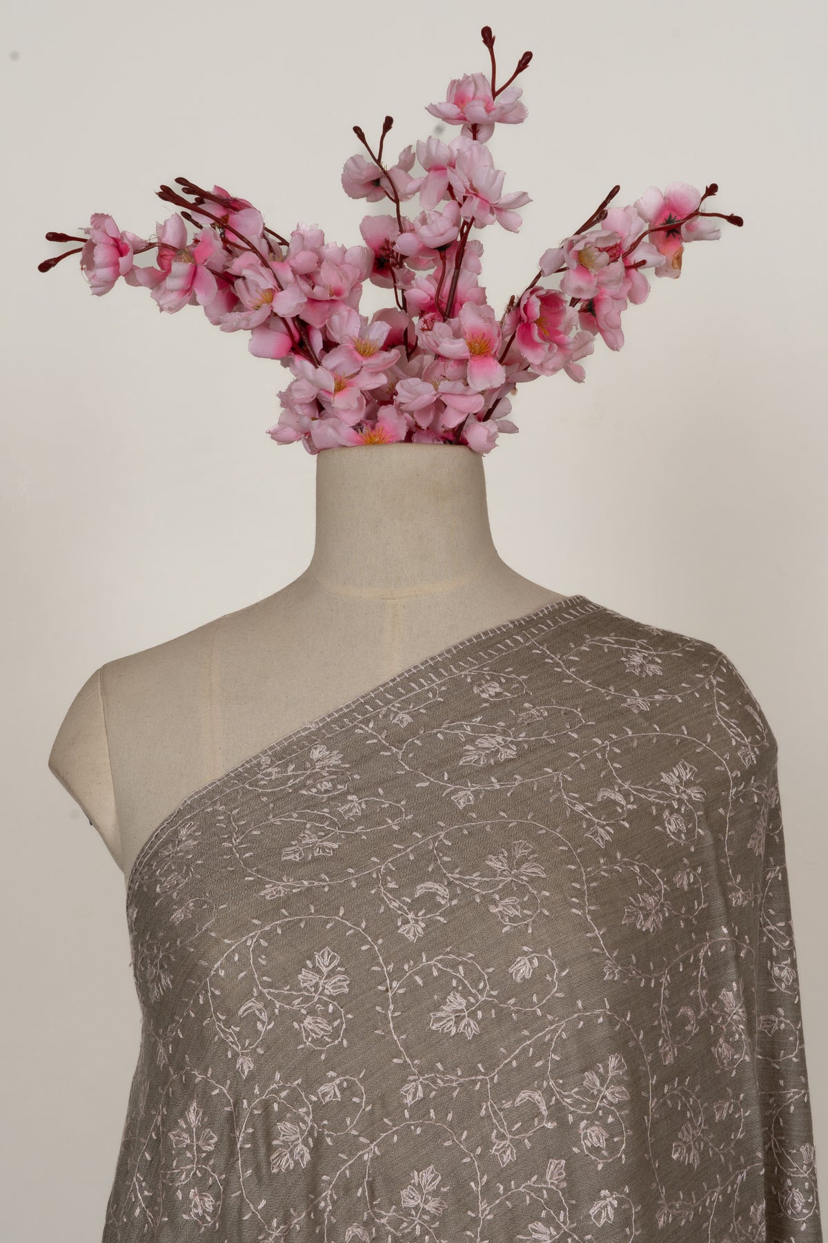 Misty Taupe Floral Veil: Fine Merino Wool Sozni Hand Embroidered 2.5 Yards Shawl
