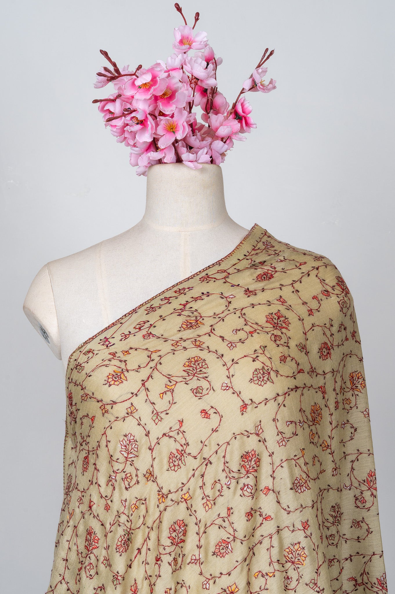 2.5 Yards Sozni Hand Embroidered Shawl in Antique Olive Floral