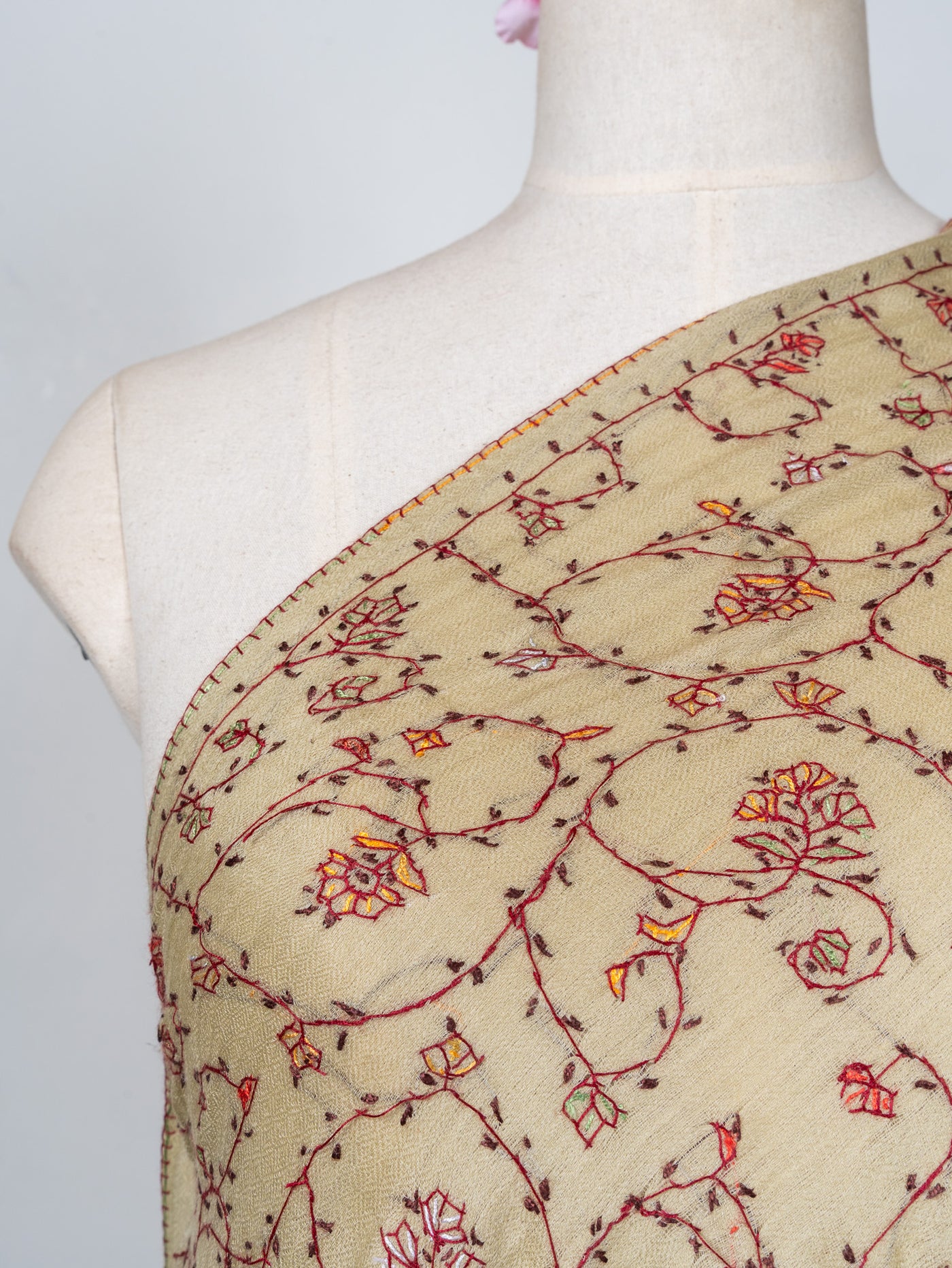 2.5 Yards Sozni Hand Embroidered Shawl in Antique Olive Floral