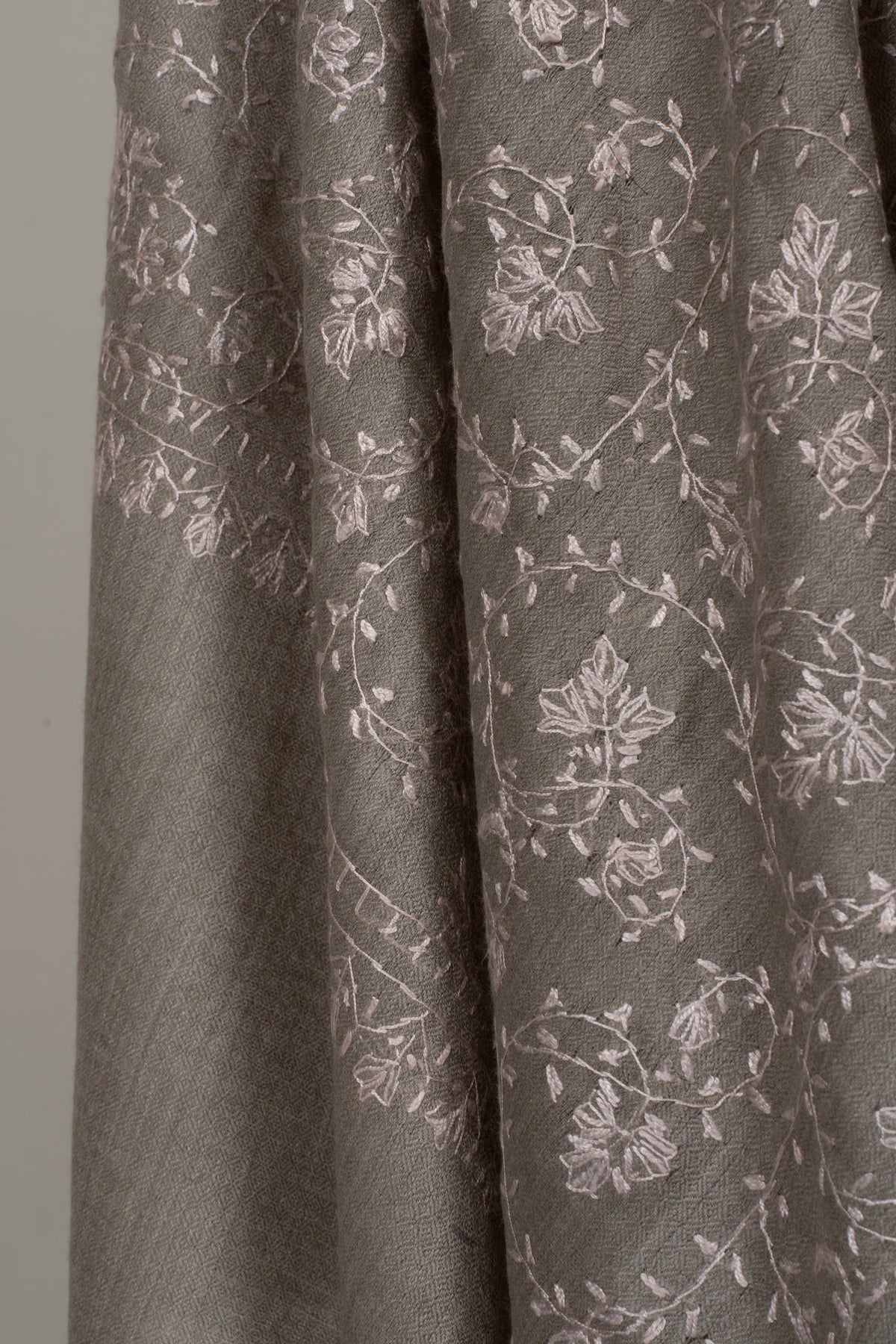 Misty Taupe Floral Veil: Fine Merino Wool Sozni Hand Embroidered 2.5 Yards Shawl