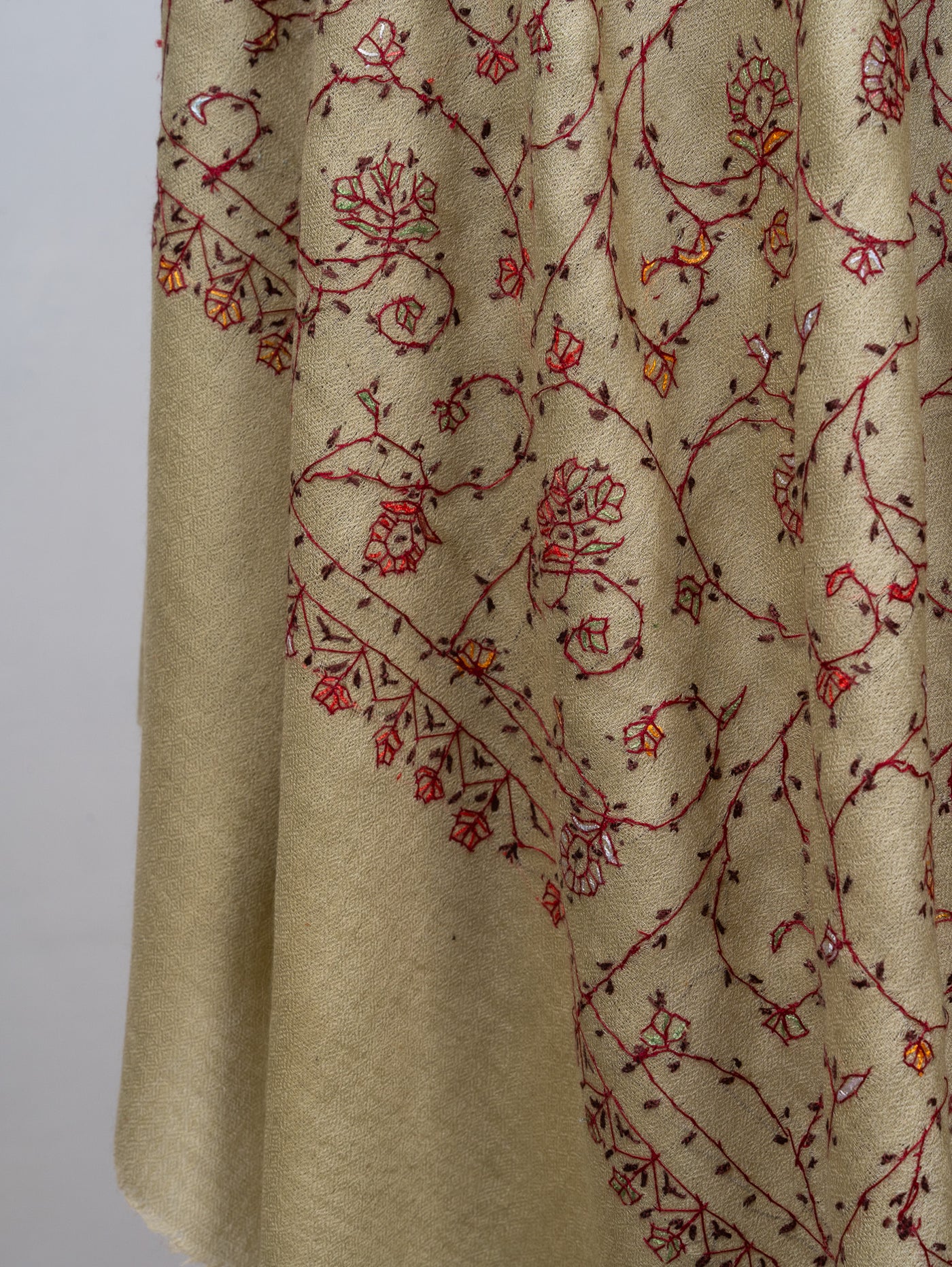 2.5 Yards Sozni Hand Embroidered Shawl in Antique Olive Floral