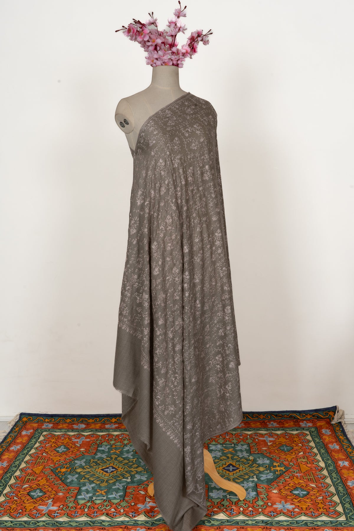 Misty Taupe Floral Veil: Fine Merino Wool Sozni Hand Embroidered 2.5 Yards Shawl