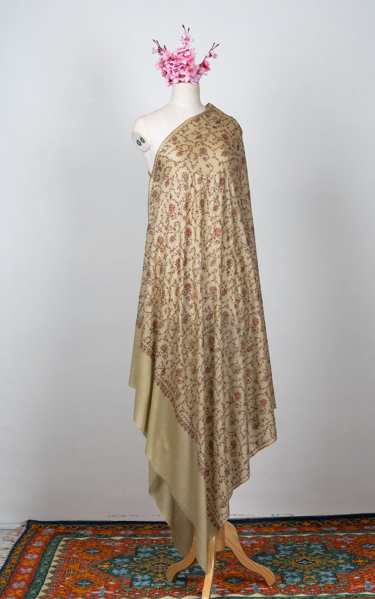 2.5 Yards Sozni Hand Embroidered Shawl in Antique Olive Floral