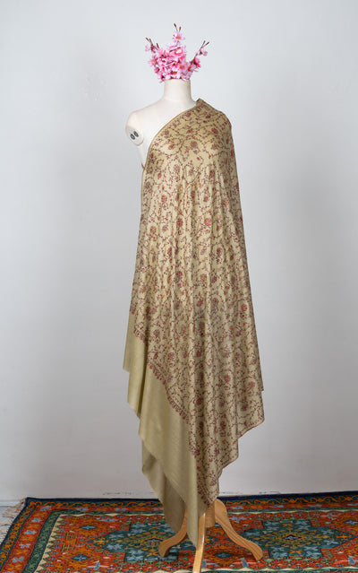 2.5 Yards Sozni Hand Embroidered Shawl in Antique Olive Floral