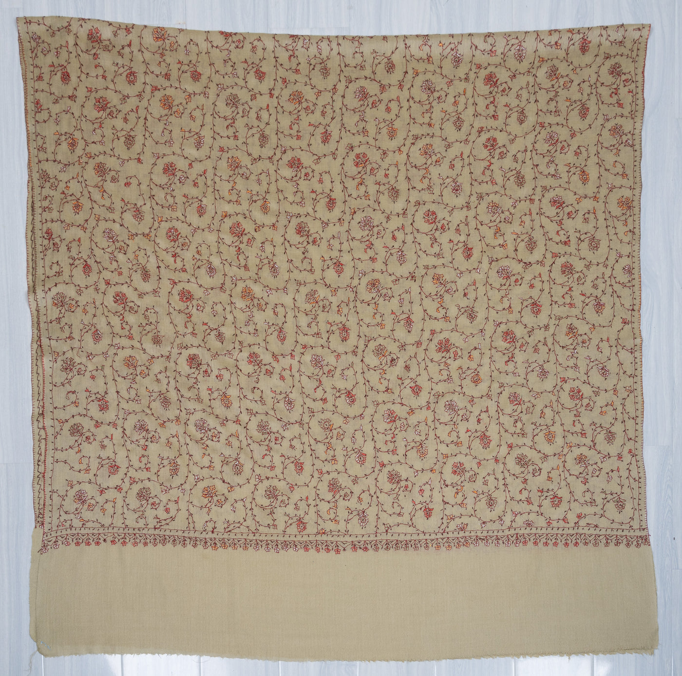 2.5 Yards Sozni Hand Embroidered Shawl in Antique Olive Floral